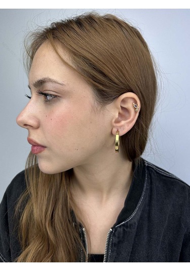 Zirkon Taşlı, Tiff Model, Halka Model, Paslanmaz Çelik Küpe 440, Altın Renk Altın