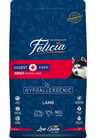 Felicia Düşük Tahıllı Kuzu Etli Orta ve Büyük Irk Yetişkin Köpek Maması 15 KG