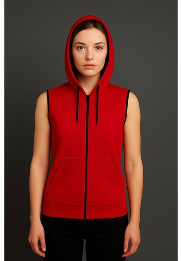 Axxel Kadın Kırmızı Fermuarlı Kapüşonlu Kanguru Cepli Kolsuz İnterlok Yelek-y1142-k Kırmızı