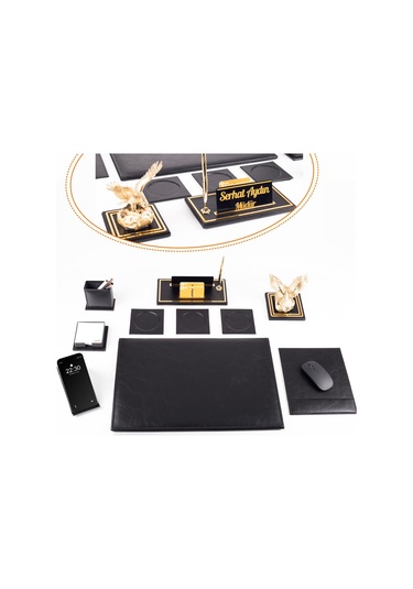 Opta 10 Parça Kartal Biblolu Siyah Deri Sümen Seti Takımı Gold Kalem Ofis Masa İsimliği Lüks İsimlik