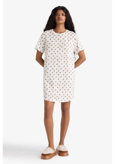 Defacto Regular Fit Bisiklet Yaka Kısa Kollu Desenli Gecelik-fall İn Love F9839ax25auer85 Ekru