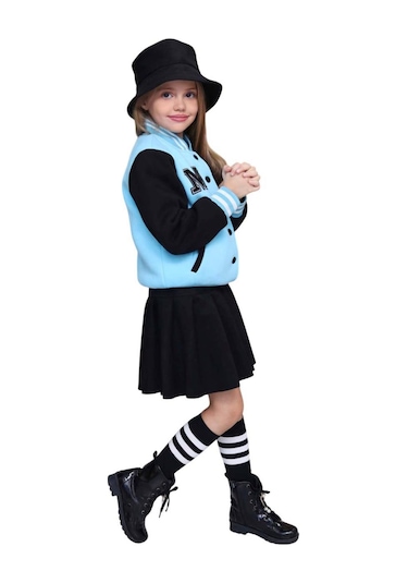 Riccotarz Kız Çocuk Düğme Detaylı Pamuklu Mavi Kolej Ceket Kadife Etekli Takım Mavi