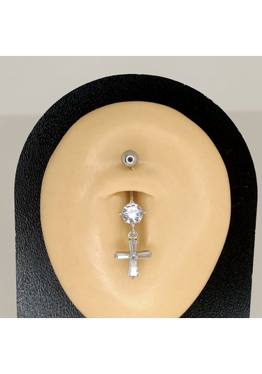 Aya Tasarım Gümüş Renkli Taşlı Haç Figürlü Göbek Piercing Gümüş