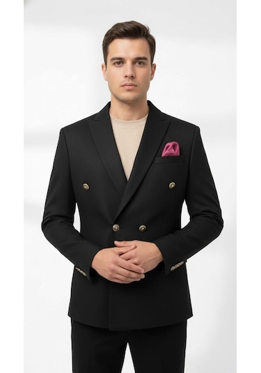 Erkek Suet Blazer Ceket Şık Düğmeli Takım Elbise Üstü Slim Fit Model Siyah