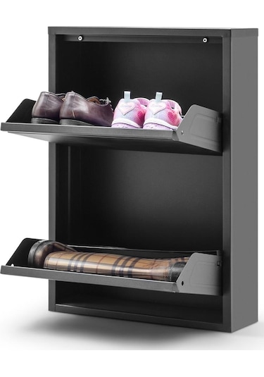 2 Raflı Metal Ayakkabılık Siyah Ayakkabı Rafı Rehome