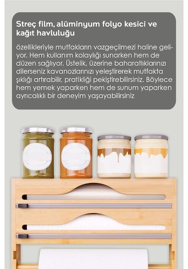 Bambu Streç Film Folyo Kesici - Fonksiyonel 2 Bölme Streç Folyo Kesme Kutusu Ve Kağıt Havlu Askılığı