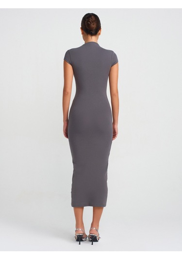 Dilvin 91296 Dik Yaka Midi Elbise Füme