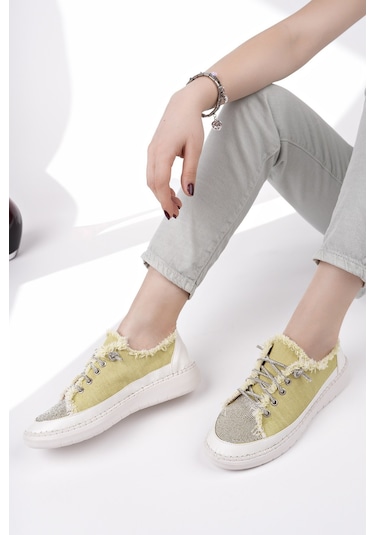 Muggo Damsel Bağcıklı Taşlı Kadın Günlük Denim Sneaker Spor Ayakkabı Yeşil