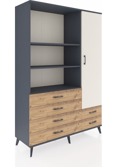 Hyperion Dolap 7 Raflı 6 Çekmeceli Tek Kapaklı 132x44x195 Antrasit-aytaşı/çam Aytası/atlas Çam