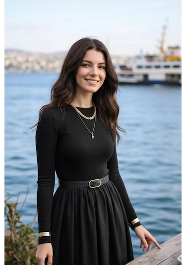 Pastelastore Kemerli Bisiklet Yaka Uzun Elbise Siyah