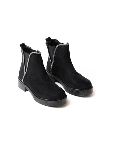 Siyah Süet Taş Aksesuarlı Lastikli Günlük Kadın Bot Siyah