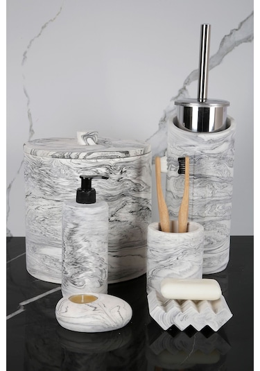 Betonmall 8 Parça Banyo Seti Sıvı Katı Sabunluk Diş Fırçalık Çöp Kovası Mumluk Tuvalet Fırçası - Siyah-beyaz Siyah-beyaz Siyah - Beyaz