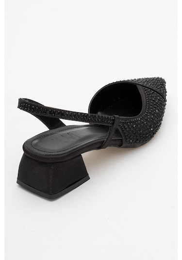Sella Siyah Saten Taşlı Kadın Kısa Topuklu Ayakkkabı Siyah