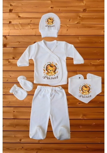 %100 Pamuk Baskılı 5 Li Isimli Organik Bebek Hastane Çıkışı Beyaz