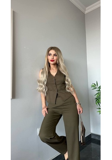 Kadın Yelek Pantolon Takım Kadın Şık Yelekli Takım - Dar Kalıptır Haki Yeşili Haki