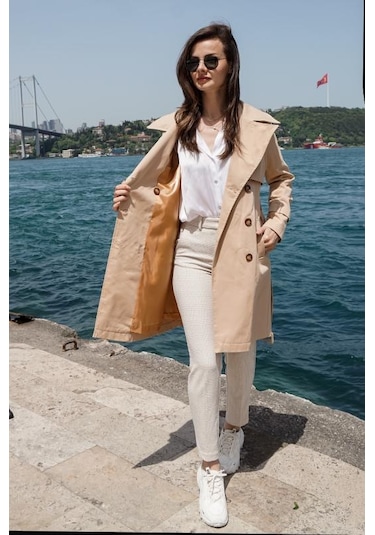 Pastelastore %100 Pamuk Gabardin Midi 95cm Astarlı Kemerli Kadın Trençkot 1113 Açık Bej