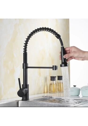 İsaoğlu Yapı Siyah Mutfak Bataryası Siyah Endüstriyel Evye Musluğu Mat Siyah Spiralli Uzayan Sistem Batarya Siyah