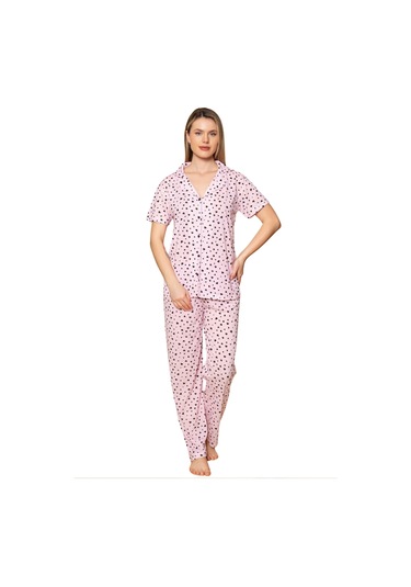 Dreamy Pamuklu Kalp Desenli Kısa Kollu Düğmeli Gömlek Pijama Takımı Pembe
