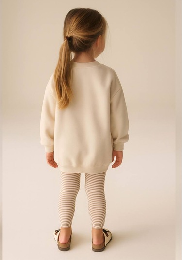 Kız Çocuk Balerin 3d Tütü Aplike Detaylı Sweatshirt Çizgili Tayt Alt Üst Takım KREM