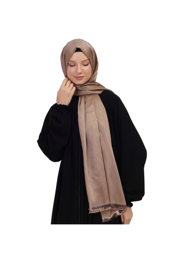 Çift Taraflı Düz Jakar Şal Parlak & Mat Dokulu, Özel Gün Şalı, Düz Renk Koyu Bej