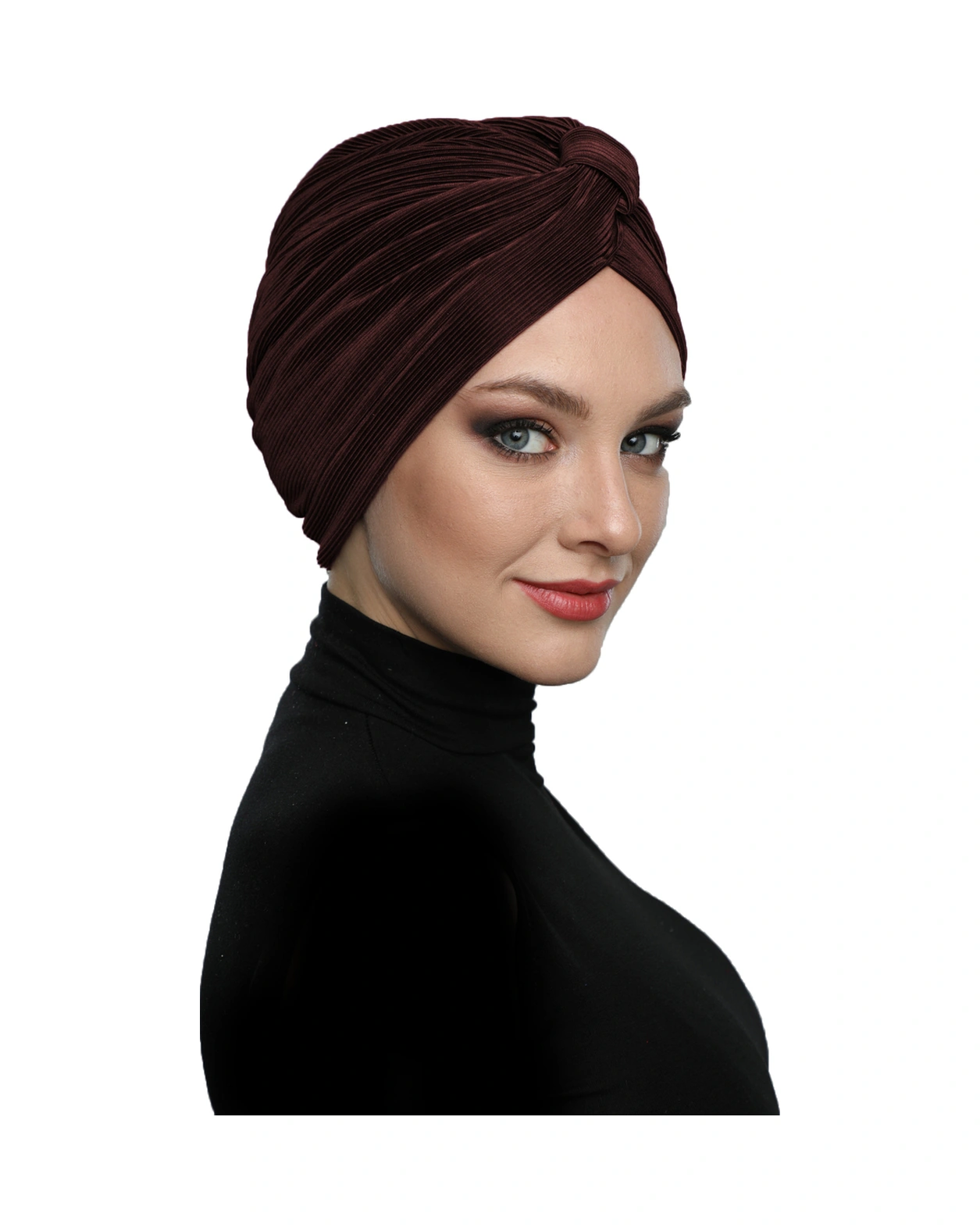 Çapraz Plise Bantlı Astarlı Kahverengi Hazır Türban Tesettür Havuz Bonesi Kahve