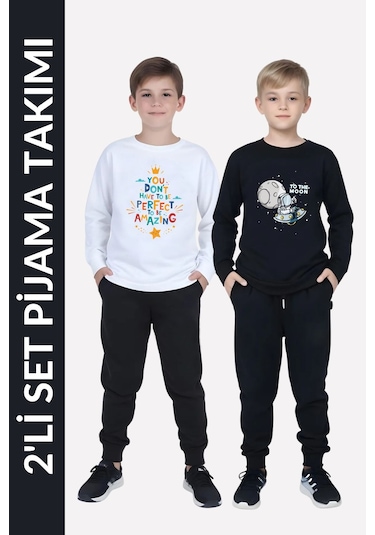 Fyk Kids Erkek Çocuk 2'li Yuvarlak Yaka Uzay-astronot Baskı Detaylı Alt-üst Pijama Takımı Çok Renkli
