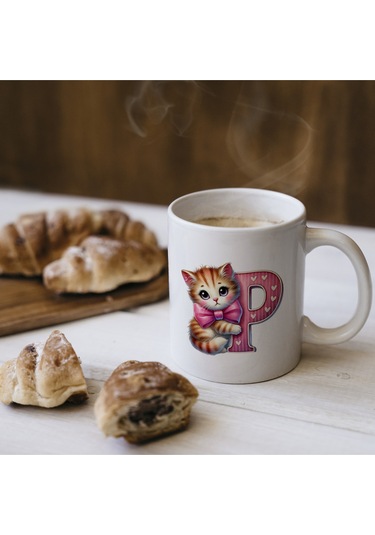 P Harfli Bardak, Sevimli Kedili Pembe Tasarım Bardak, Arkadaşa Aileye Hediye Porselen Beyaz