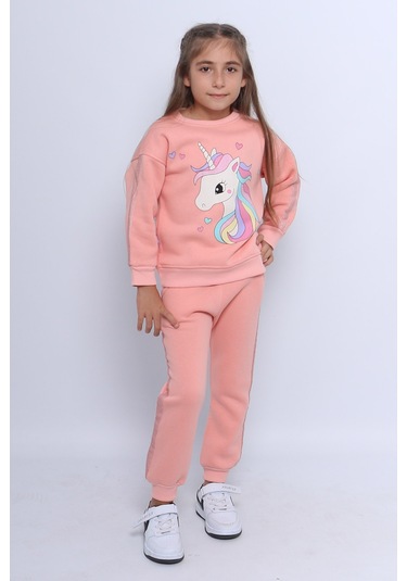 Kız Çocuk 3 İplik Eşofman Takımı Unicorn Baskılı Şeritli C25 Somon