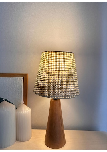 Bohem Ahşap Ayaklı Konik Abajur - Bej Bej