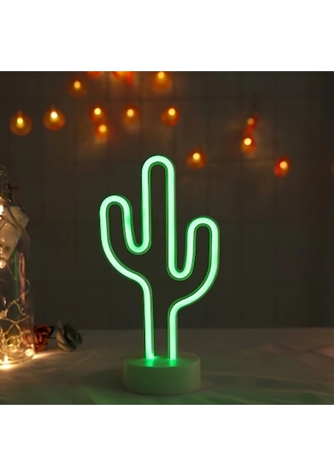 Honeybeeshop Pil İle Calisan Neon Kaktus Masa Lambasi Yesil 29.5x10x14 Cm Modern Plastik Uplight Anahtar Kontrolu Ev Ofis Kafe Dekoru Ideal Yeşil