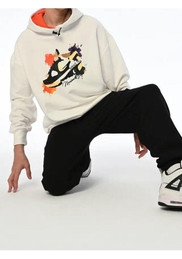 Erkek Çocuk Spor Ayakkabı Baskılı Kapüşonlu Sweatshirt-13543 Ekru