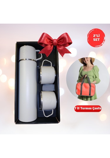 2li Set-paslanmaz Çelik 3 Bardaklı Matara Seti-500 Ml-7 Lt Termos Çanta Kırmızı