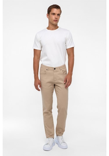 Süvari Bej Slim Fit 5 Cep Kalıp Armürlü Kanvas Pantolon-35413 Bej