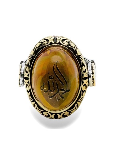 Vog Elhamdülillah Yazılı Tuğralı Sıkma Kehribar Taşlı 925 Ayar Gümüş Erkek Yüzük