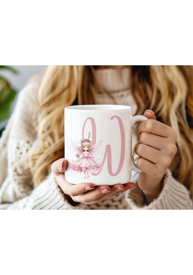 W Harfi Pembe Peri Kızı Figürlü Kupa Bardak Masalsı Çay Kahve Kupası - Kişiye Özel Hediye Beyaz