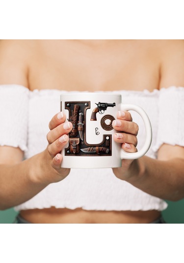 L Harfi Kovboy Temalı Bardak 330 Ml İsim / Harf Kişiye Özel Hediye - Vahşi Batı Konsept Beyaz