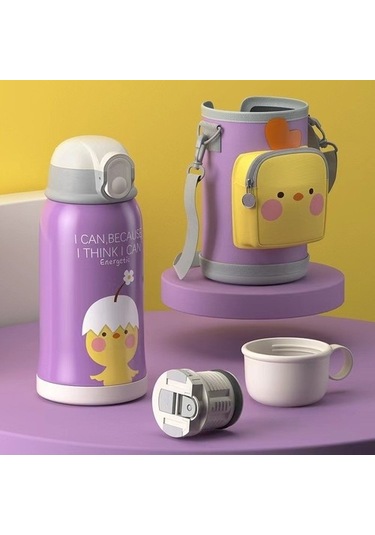 Yüksek Değerli 550ml Çift Katmanlı Çocuk Termos Şişesi Dış Mekan Seyahat Karikatür Bardağı 316 Paslanmaz Çelik Termos Bardak, Saman Yalıtımlı Bardak 9ry379 Mor