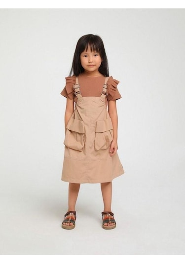 Kız Çocuk Büyük Cepli Askılı Salopet-14133 Camel