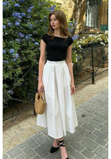 Beyaz Pileli Cepli Kadın Midi Boy Etek Mg2536 Beyaz