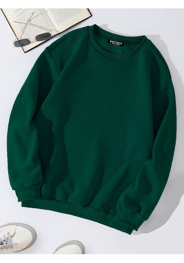 Unisex Oversize Bisiklet Yaka Basic Düz Sweatshirt - Koyu Yeşil