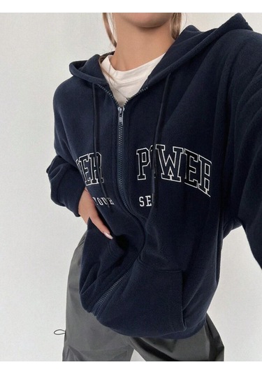 Süper Power Hırka - Lacivert Baskılı Oversize Kapüşonlu Lacivert
