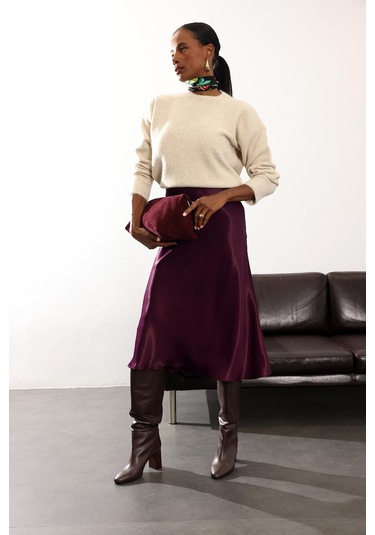 Mürdüm Saten Volanlı Etek 17000 Mürdüm