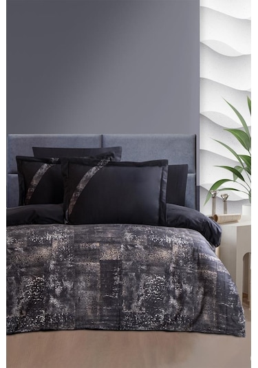Dijital Saten Tek Kişilik Nevresim Takımı Bos Siyah Siyah