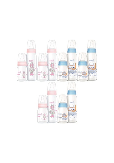 Bebsi Cam Biberon Seti Mavi - Pembe 250ml+125ml Karma 6lı Set