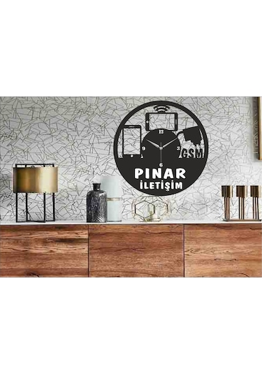 Kişiye Özel Isimli Iletişim Temalı Ahşap Duvar Saati Siyah