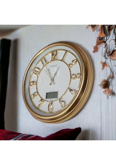 Termometreli Isı Ölçer Dijital Gold Salon Ofis Duvar Saati 47 cm Altın