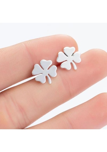 Gümüş Mizaç Basit Şanslı Çim Küpe Dört Yapraklı Yonca Küpe Paslanmaz Çelik Küpe Gümüş