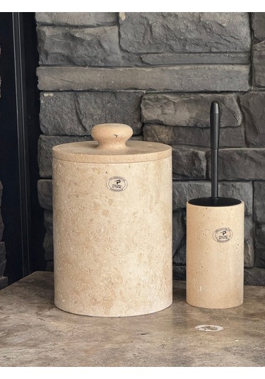 Yeni Traverten Doğaltaş Kendinden Kulplu 2 Li Banyo Takımı Büyük Çöp Kovalı 26x20 Beyaz