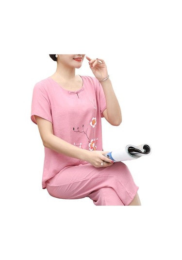 Pembe Trendy Kadın Üst Pantolon Takımı O Yaka Orta Bel Hızlı Kuru Pembe