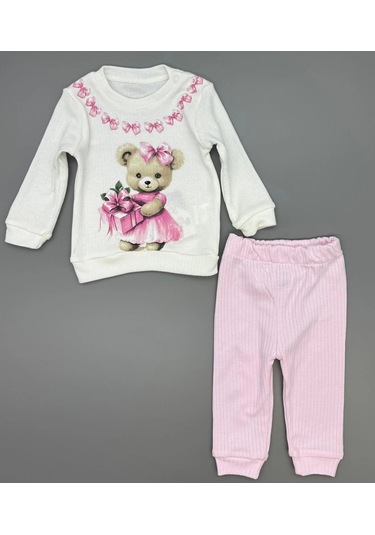 Kız Bebek Ayıcık Baskılı Çıt Çıtlı Alt Üst İkili Gündelik Takım Pembe